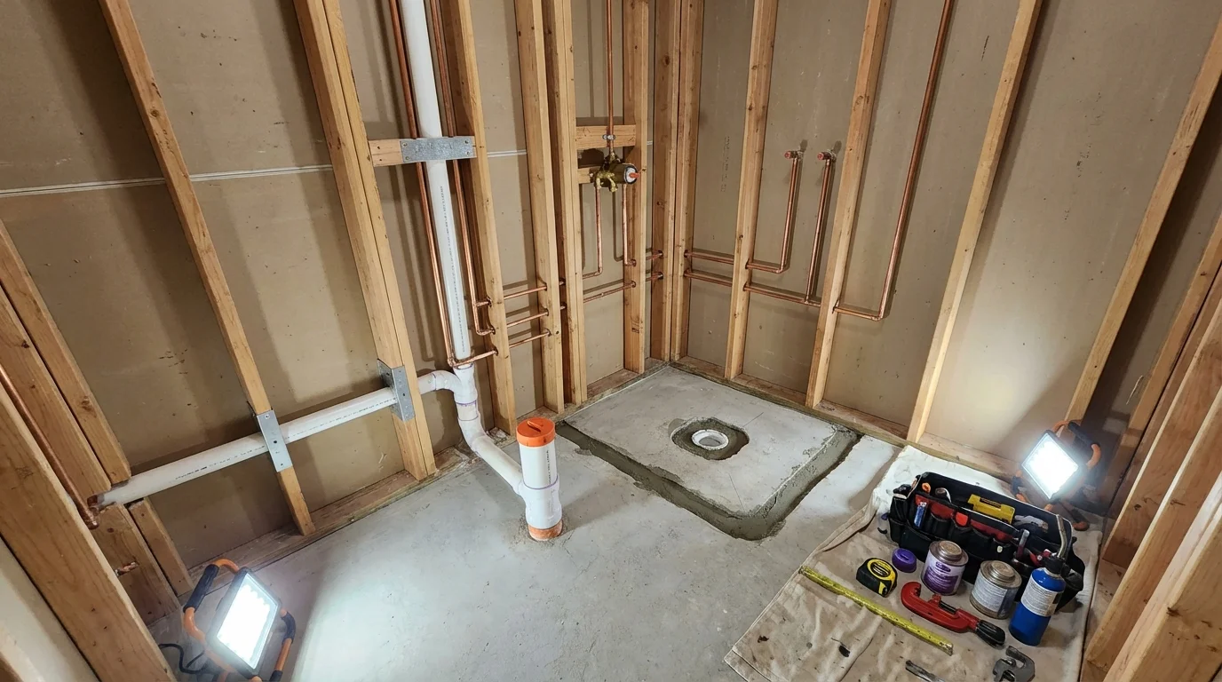 Bathroom rough-in plumbing during remodel by Johns Plumbing LLC in Pooler