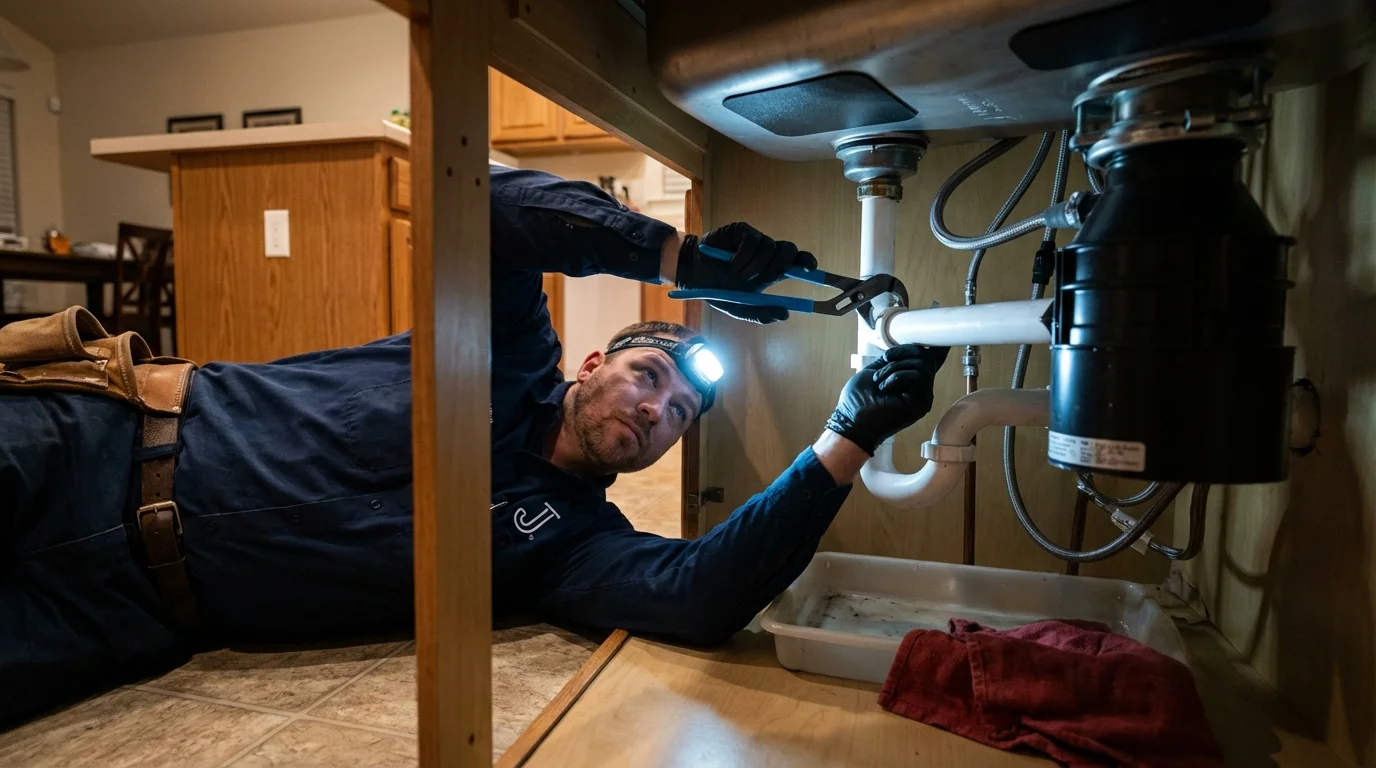 P-trap and supply line connections under a kitchen sink showing a common leak point in Pooler, GA